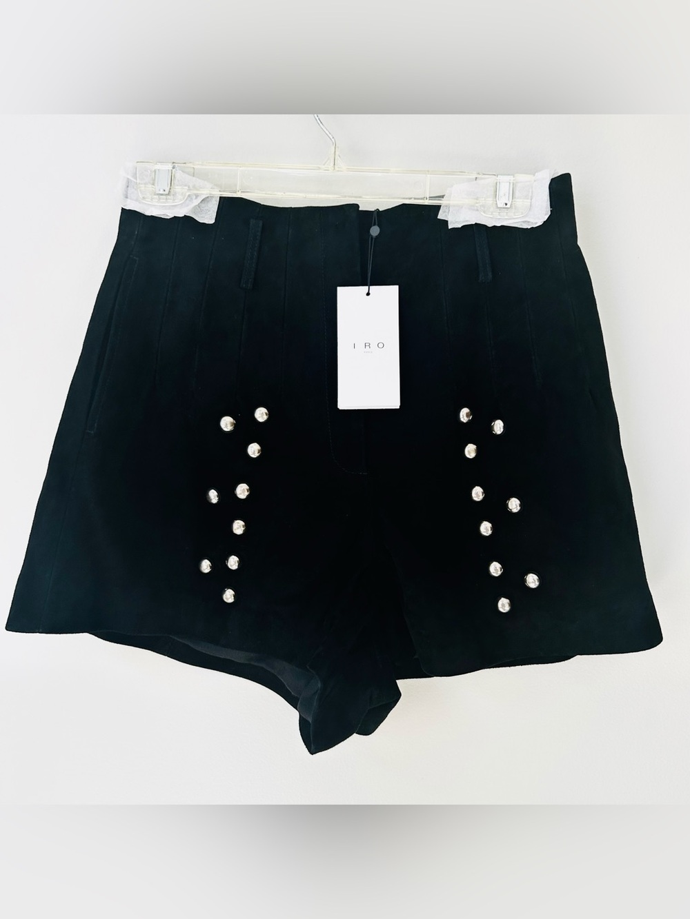NWT IRO Black High-Waist Suede Shorts with Metal Studs